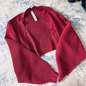 ALO Denim Knit Shawl Ribbed Sweater in Bold Red M/L